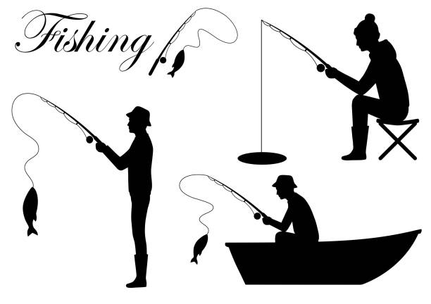 ilustrações de stock, clip art, desenhos animados e ícones de silhouette fisherman icon, man cath fish on fishing rod - fisherman
