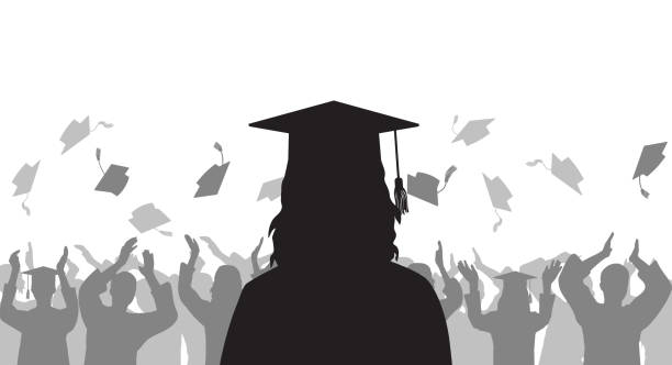 Silhouette graduate girl on background of cheerful group people throwing mortarboard. Graduation ceremony. Vector illustration. Silhouette graduate girl on background of cheerful group people throwing mortarboard. Graduation ceremony. Vector illustration. graduation silhouettes stock illustrations
