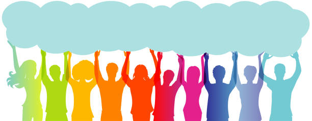 Silhouette group of people with arms raised holding up a long speech bubble copy space.Concept of solidarity friendship and charity.Care cooperation help and assistance to people Silhouette group of people with arms raised holding up a long speech bubble copy space.Concept of solidarity friendship and charity.Care cooperation help and assistance to people voting silhouettes stock illustrations
