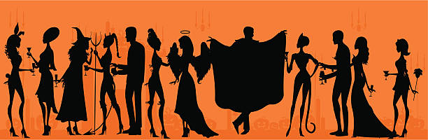 Silhouette Halloween Party A silhouetted halloween costume party. All characters are on separate layers for easy editing. For a fully detailed (non silhouette) version of this file see below.  french maid outfit stock illustrations