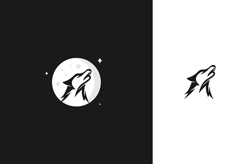 silhouette illustration of Howling Wolf with Moon logo design