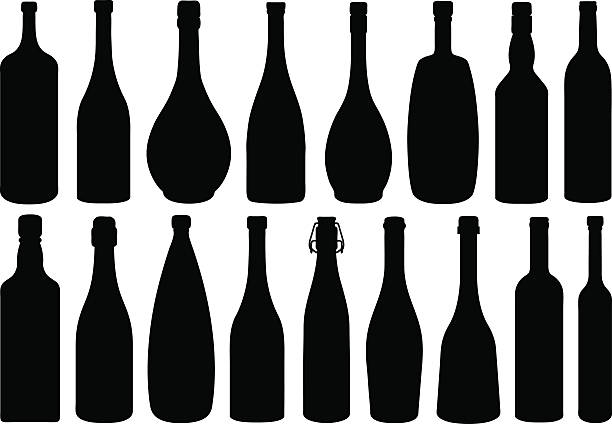 Silhouette images of shelved glass bottles Set of different glass bottles isolated champagne silhouettes stock illustrations