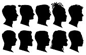 Silhouette man heads in profile. Black face outline avatars, professional male profiles anonymous portraits with hairstyle, vector facing shadow isolated set