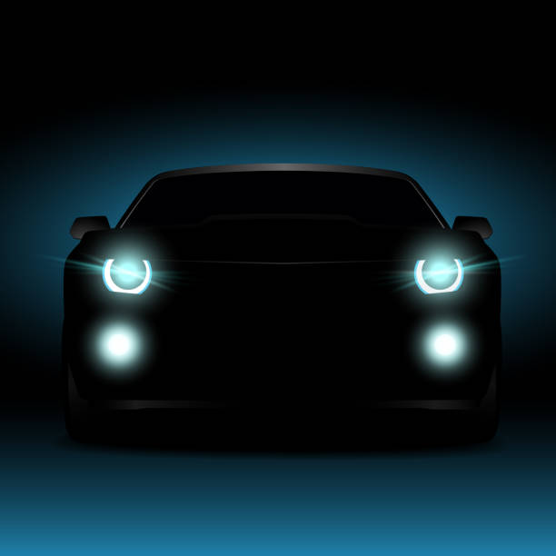 Silhouette of a car in the dark at night. Glowing car headlights and fog lights. Silhouette of a car in the dark at night. Glowing car headlights and fog lights. garage silhouettes stock illustrations