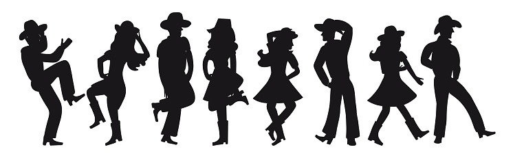 Silhouette of a couple dancing a country western on a white isolated background. All girls and boys are dancing an incendiary American dance. Four funny pairs of people in black. Cowboy hats, boots and dance moves.