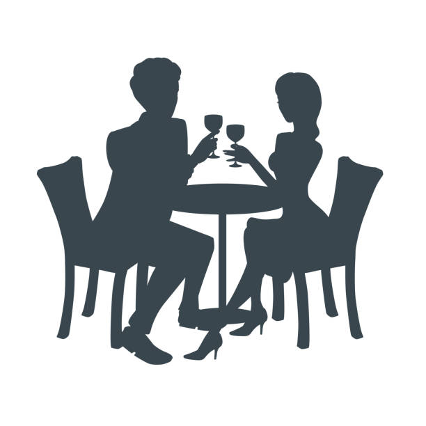 Silhouette of a couple on a date. Two people sit together at a table, raise their glasses, look at each other. Man and woman have a romantic evening meal. date night stock illustrations