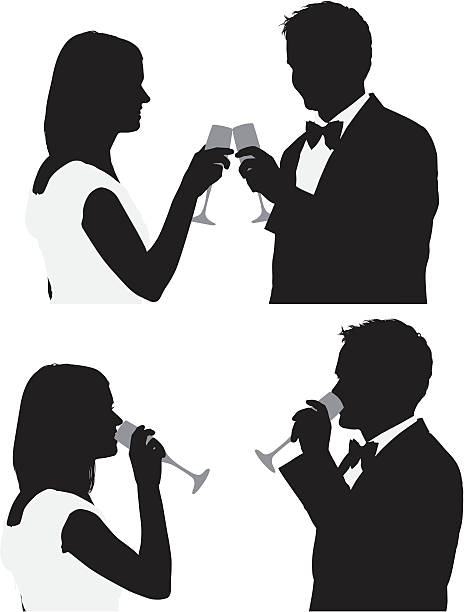 Silhouette of a couple with champagne Silhouette of a couple with champagnehttp://www.twodozendesign.info/i/1.png champagne silhouettes stock illustrations