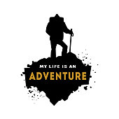 Silhouette of a hiker with an inscription - my life is an adventure.