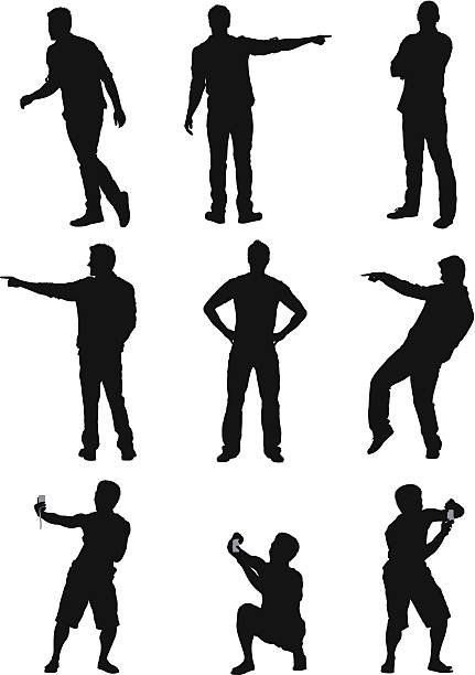 Silhouette of a man in different poses Silhouette of a man in different poseshttp://www.twodozendesign.info/i/1.png selfie silhouettes stock illustrations