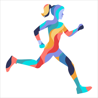 Silhouette of a running girl from a mosaic. Running, marathon, sport and healthy lifestyle illustration. Vector illustration isolated on white background.