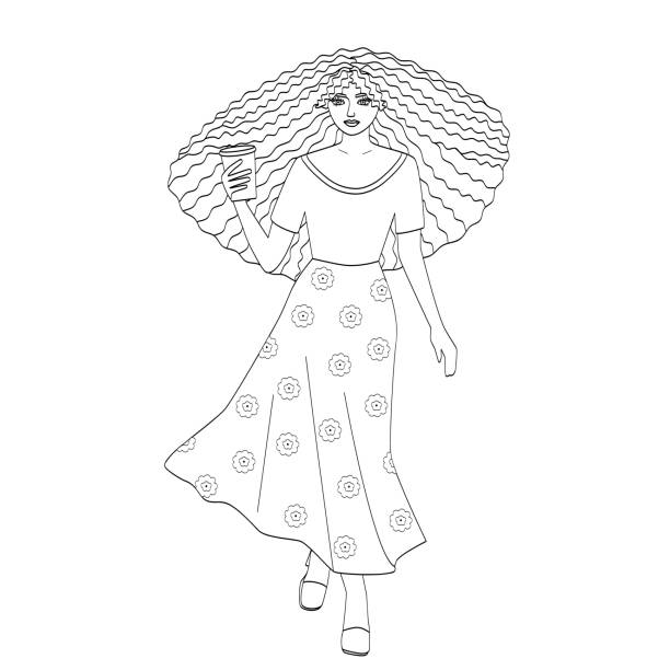 Silhouette of a tall girl with curly hair and a long skirt with a Cup of coffee in her hands. Outline of a woman, sketch for a coloring page, logo, avatars.  curley cup stock illustrations