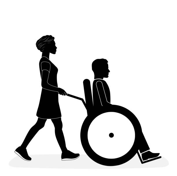 ilustrações de stock, clip art, desenhos animados e ícones de silhouette of a woman carrying a man in a wheelchair. care and revenue. vector illustration. - wheelchair street happy
