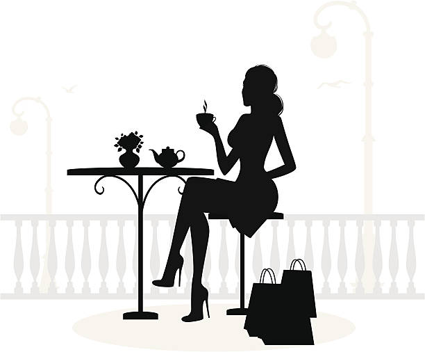 stockillustraties, clipart, cartoons en iconen met silhouette of beautiful woman in cafe - woman drinking coffee
