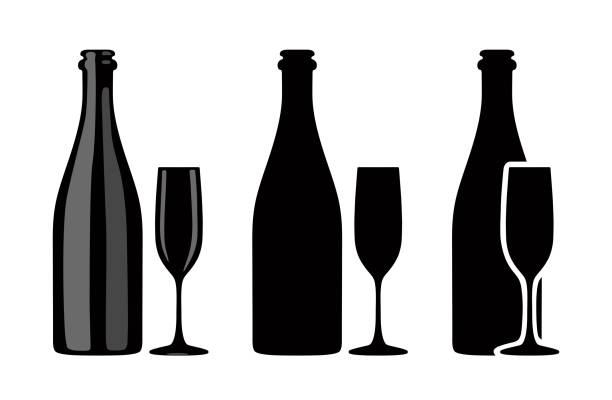 Silhouette of bottle of champagne and glass. Vector illustration Vector icons of champagne bottles and glasses on the leg. Image of dark color on white background. champagne silhouettes stock illustrations