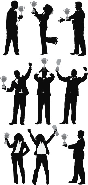 Silhouette of business people with a trophy