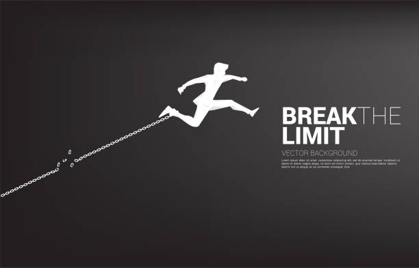 Silhouette of businessman jump to break the chain at foot. Concept of break the rule and limit in business. rule breaker stock illustrations