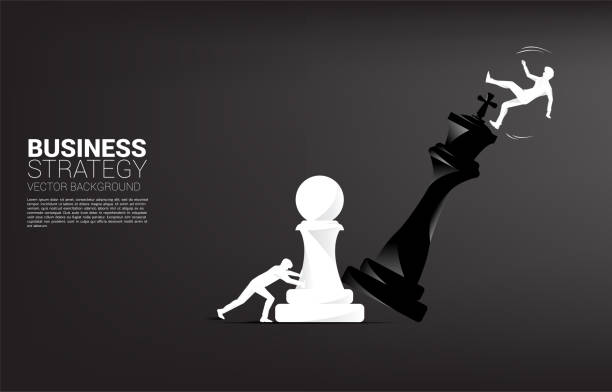 Silhouette of businessman push pawn chess piece to checkmate the king with falling down businessman. concept of business strategy and marketing plan disruption chess silhouettes stock illustrations