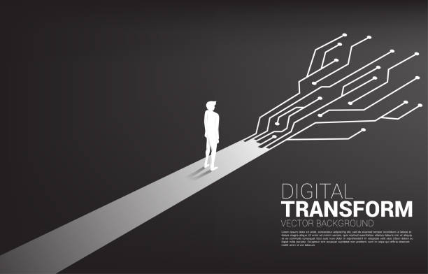 ilustrações, clipart, desenhos animados e ícones de silhueta do homem de negócios que está na maneira com circuito da linha da conexão do pontão. - transformação digital