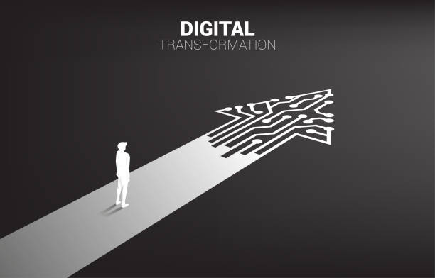 Silhouette of businessman standing on the way with dot connect line circuit. concept of digital transformation of business. change stock illustrations