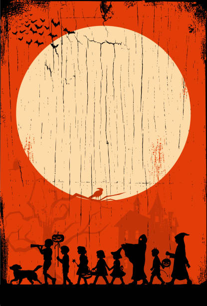 Silhouette of children playing on Halloween night, vector illustration EPS 10 poster silhouettes stock illustrations
