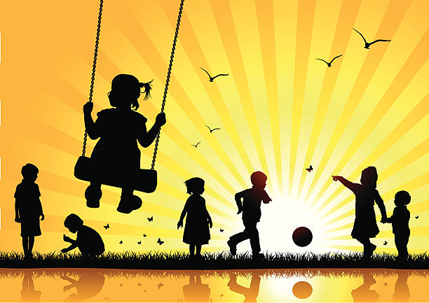 Silhouette of children playing outdoors Vector illustration silhouettes of children playing in the park. pasta silhouettes stock illustrations