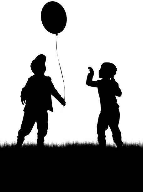 Silhouette of children with balloon. Silhouette of children with balloon. balloon silhouettes stock illustrations