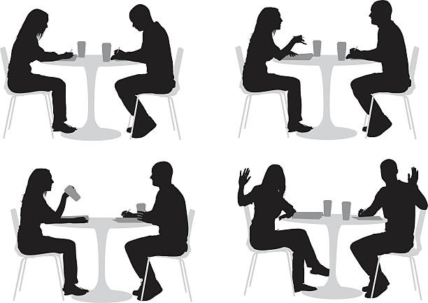stockillustraties, clipart, cartoons en iconen met silhouette of couple in a restaurant - woman drinking coffee