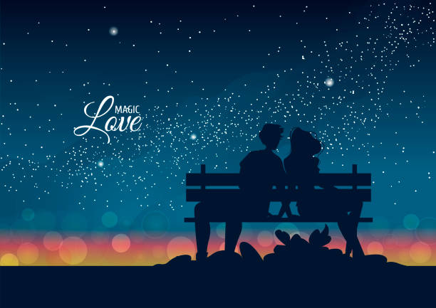 Silhouette of couple in love on the bench at night. Stars and city lights on the horizon. Happy Valentine's day, Romantic, Love concept. Silhouette of couple in love on the bench at night. Stars and city lights on the horizon. Happy Valentine's day, Romantic, Love concept. Vector illustration for card, poster, postcard. date night stock illustrations