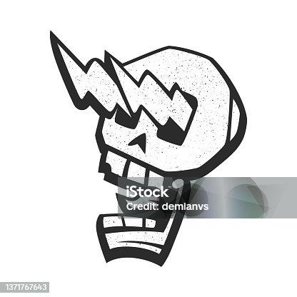 istock Silhouette of crazy skull with glowing eyes in form of lightning. Skull rocker screaming, horrified, scared 1371767643
