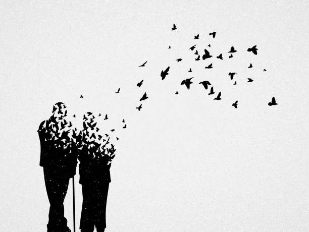 Silhouette of elderly couple and flying birds Conceptual vector illustration about loss of loved one, human aging and death. Sad mystical background death stock illustrations