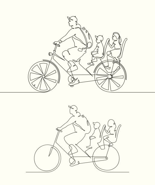 Silhouette of father with children on bicycle Continuous line drawing of family riding bike on hill. Set of linear vector illustrations for graphic design, prints, t-shirts cycling drawings stock illustrations