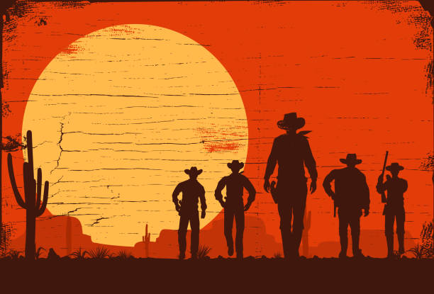 Silhouette of five cowboys walking forward on a wooden board EPS 10 cowboy stock illustrations