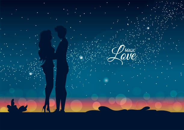 Silhouette of hugging couple in love  at night. Stars and city lights on the horizon. Happy Valentine's day, Romantic, Love concept. Silhouette of hugging couple in love  at night. Stars and city lights on the horizon. Happy Valentine's day, Romantic, Love concept. Vector illustration for card, poster, postcard. date night stock illustrations