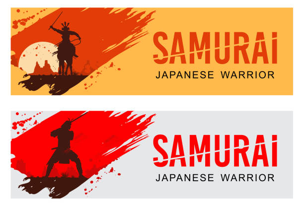 illustrations, cliparts, dessins animés et icônes de silhouette de guerrier samouraï japonais avec épée et cheval d’équitation, vecteur - ninja