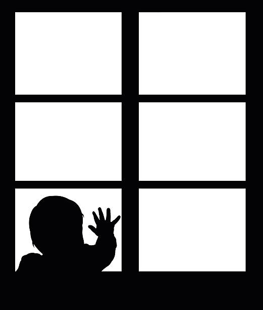 Silhouette of little baby waving hand on the window. Silhouette of little baby waving hand on the window. Easy editable layered vector illustration. window silhouettes stock illustrations