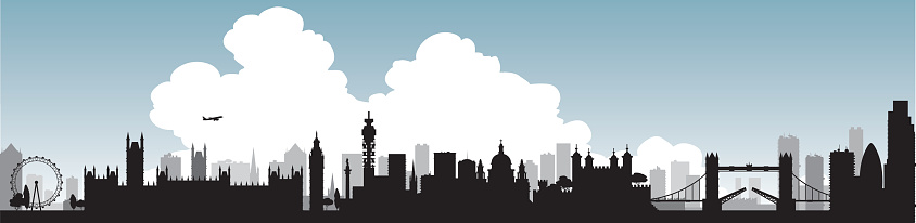 Silhouette of London skyline with single large cloud graphic