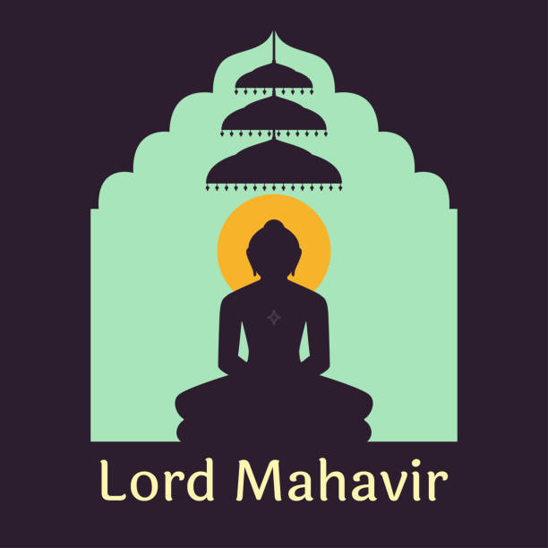 Silhouette of Lord Mahavir of Jain religion. Jain idol with three Chhatra Tirthankar means ford maker. Nonviolence is the highest religion brimham rocks stock illustrations