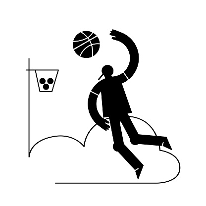 Silhouette of male  basketball player with ball and basket isolated on white background. Vector flat illustration. Street basketball championship poster, banner design vector