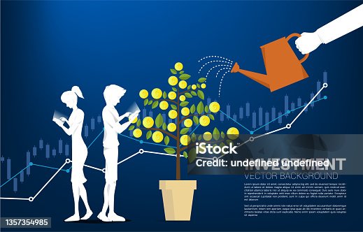 istock Silhouette of man and woman use mobile phone with businessman hand watering money tree with graph. 1357354985