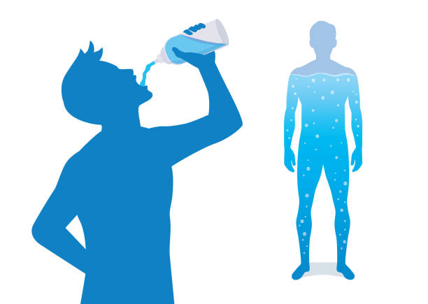 illustrazioni stock, clip art, cartoni animati e icone di tendenza di silhouette dell'uomo acqua potabile e un'altra persona hanno acqua nel corpo. - bere acqua