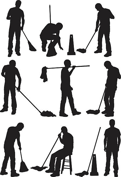 bildbanksillustrationer, clip art samt tecknat material och ikoner med silhouette of people cleaning the floor - städning man