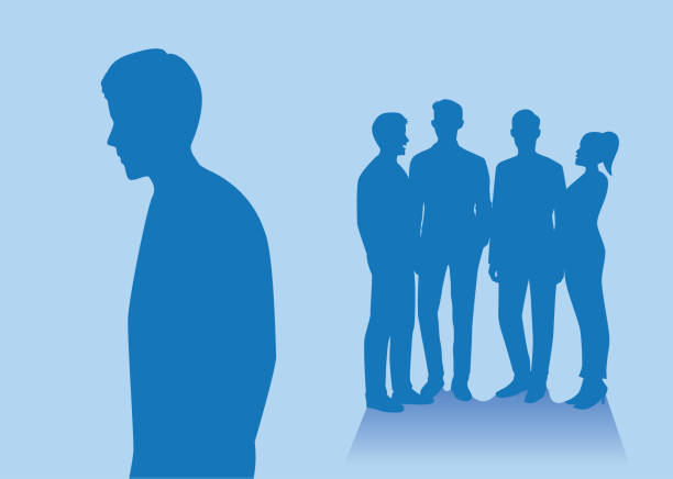 Silhouette of people group standing back side of another guy which stay alone. Silhouette of people group standing back side of another guy which stay alone. Illustration about relation with friends. gossip stock illustrations