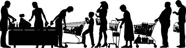 Silhouette of people in supermarket queue Editable vector silhouettes of people in a supermarket checkout queue with all elements as separate objects store silhouettes stock illustrations