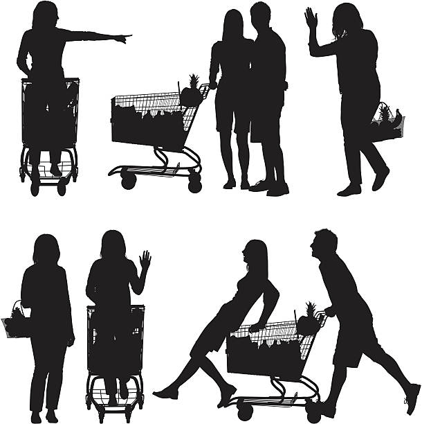 Silhouette of people shopping in a supermarket Silhouette of people shopping in a supermarkethttp://www.twodozendesign.info/i/1.png supermarket silhouettes stock illustrations