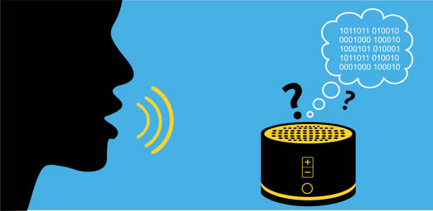 Silhouette of person speaking to confused smart speaker. Digital assistant translating commands into bytes of data - artificial intelligence and machine learning. Person giving instructions to a smart digital assistant which is confused in translation. Technology interaction concept. robot silhouettes stock illustrations