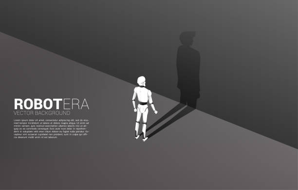 Silhouette of robot and his shadow of human. concept of artificial intelligence and machine learning worker technology robot silhouettes stock illustrations