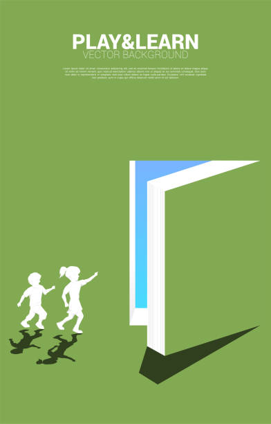 Silhouette of running boy and girl point to door from open book. Concept of education solution. world of knowledge. book silhouettes stock illustrations