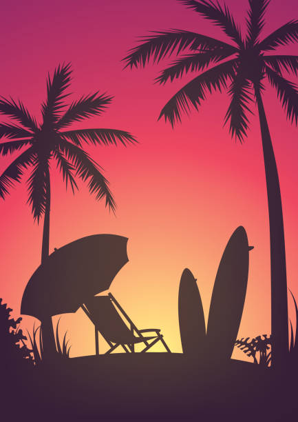 Silhouette of the beach, a resting place on the beach during sunset Silhouette with beach, chaise longue, palm trees, surfboards and beach umbrella, sunset or sunrise, rest on the beach or ocean beach silhouettes stock illustrations