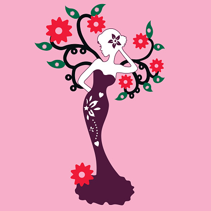 Silhouette Of The Beautiful Girl Standing Near The Flower Tree Vector ...