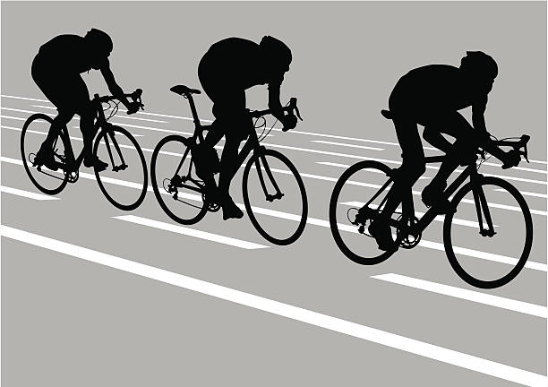Silhouette of three cyclists on road Vector drawing cyclists while driving cycling silhouettes stock illustrations
